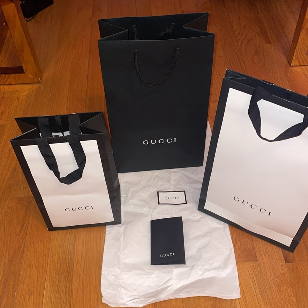 Three Gucci Gift Bags With Receipt Card And Tissue Paper